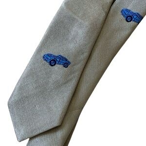 Crewcuts Boys Tie Necktie 42” Sz 2-7 Gray Blue Car Embroidered 100% Silk Kids
